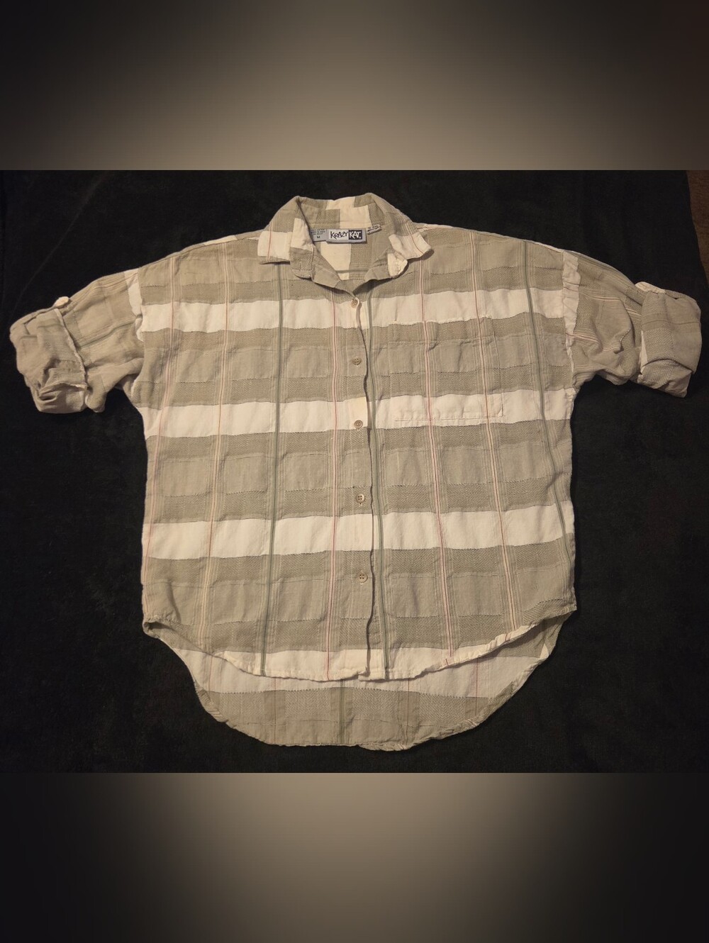 Vtg 80s krazy kat Beige White Striped Women's Button-Down Long Or Short Sleeve